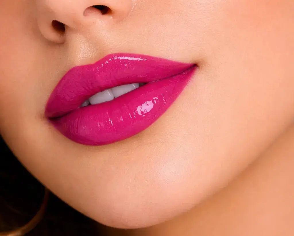 Close-up of a woman's lips with Diamond Michelle automatic rose berry Lip Liner