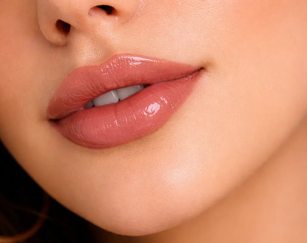 Close-up of a woman's lips with DM Automatic Rosebud Lip Liner