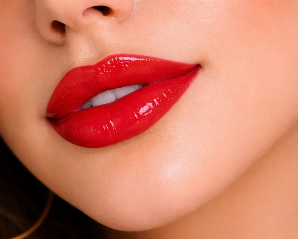 Close-up of a woman's face with DM Scarlet Red Automatic Lip Liner.