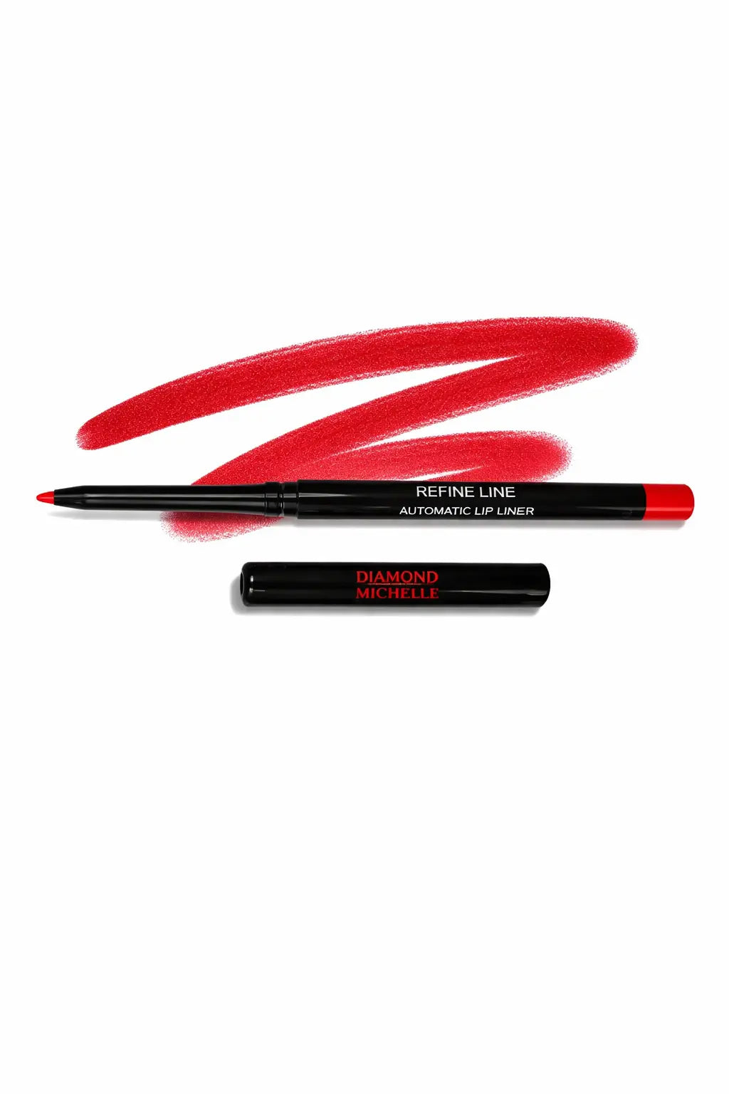 Scarlet Red lip liner pencil with black cap on a white background