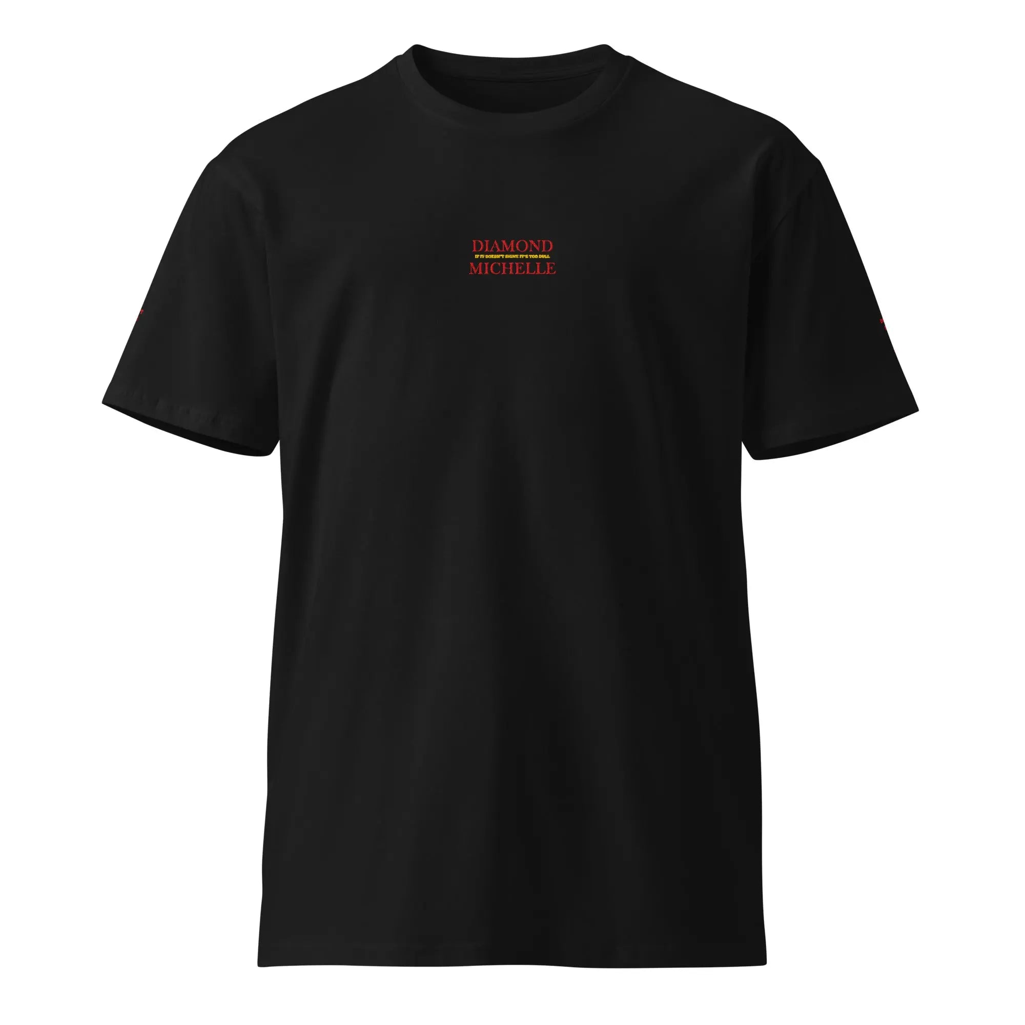 Black t-shirt with red text on a white background