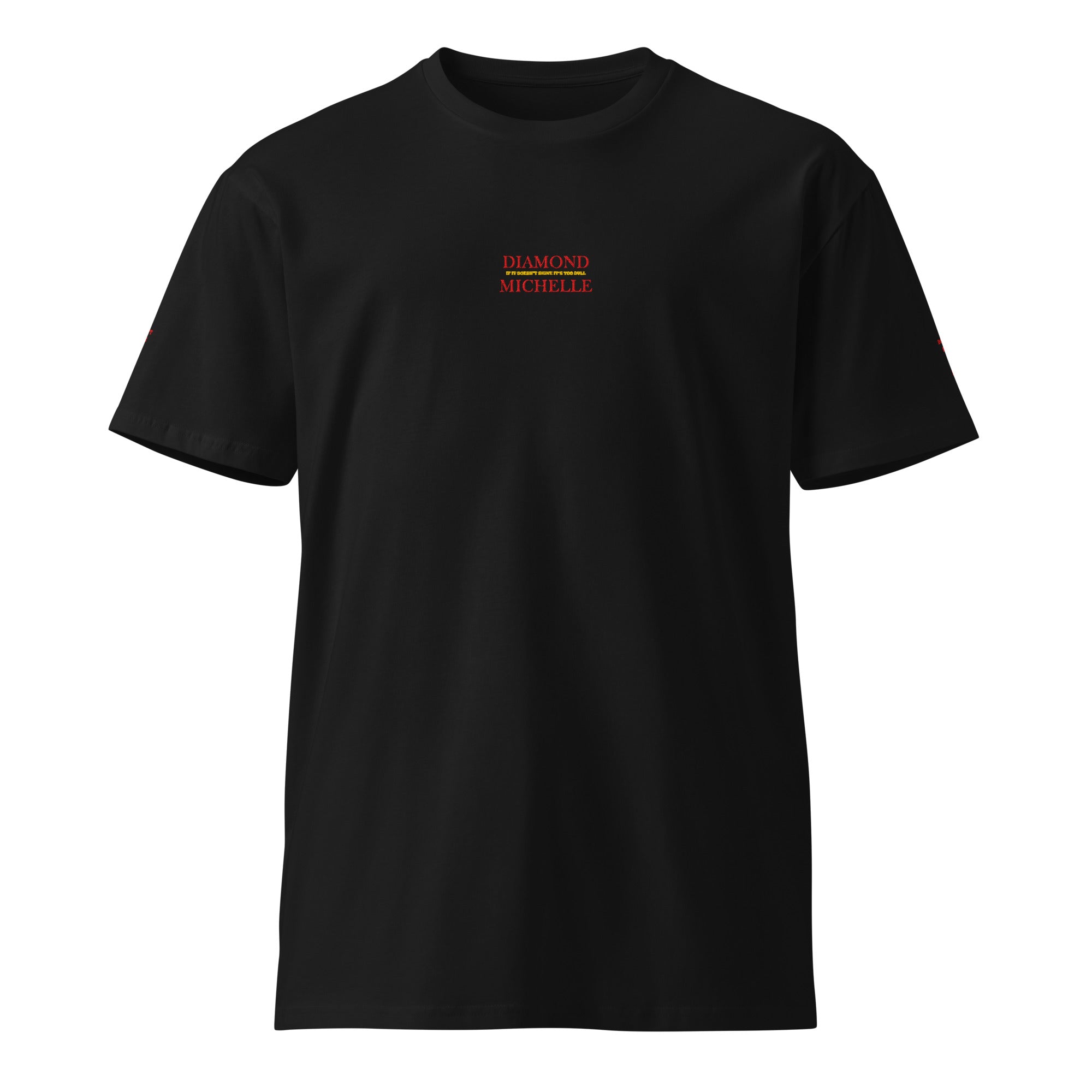 Black t-shirt with red text on a white background