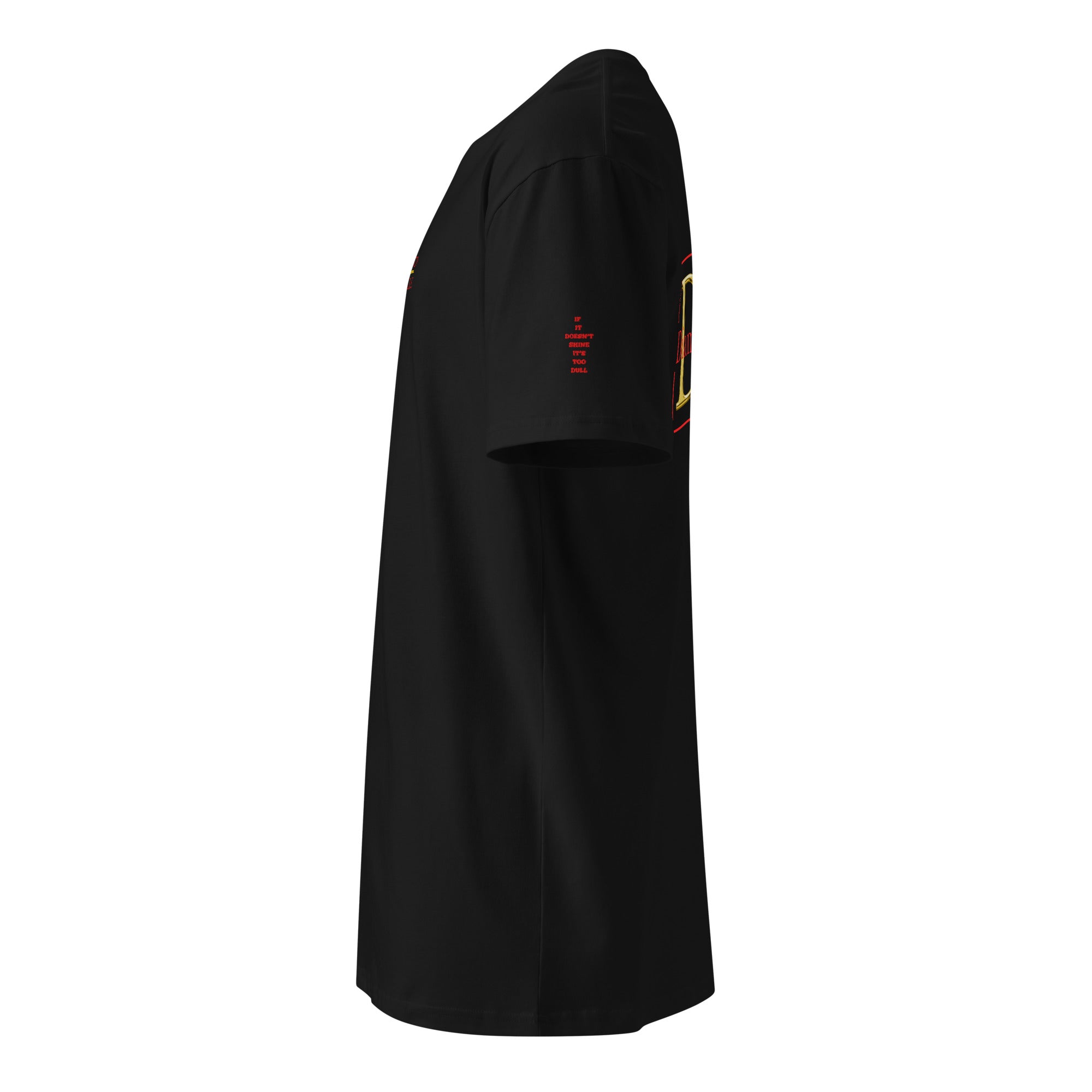 Black t-shirt with a logo on the sleeve against a white background